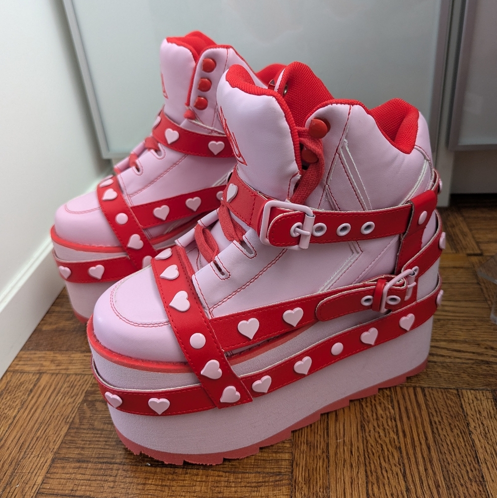 YRU Pink and Red Platform Shoes with Studded Straps